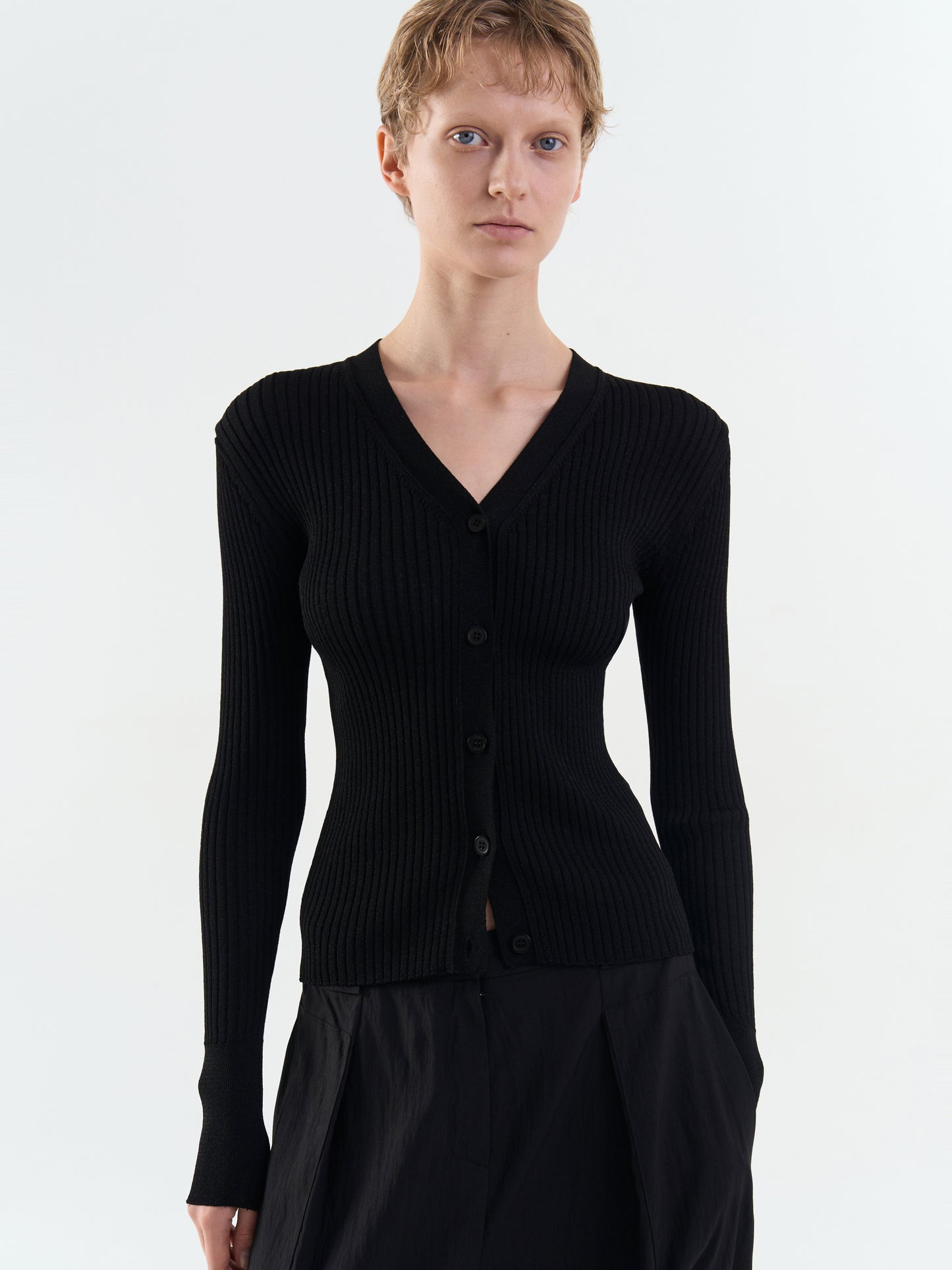 Rib V-Neck Cardigan - Black