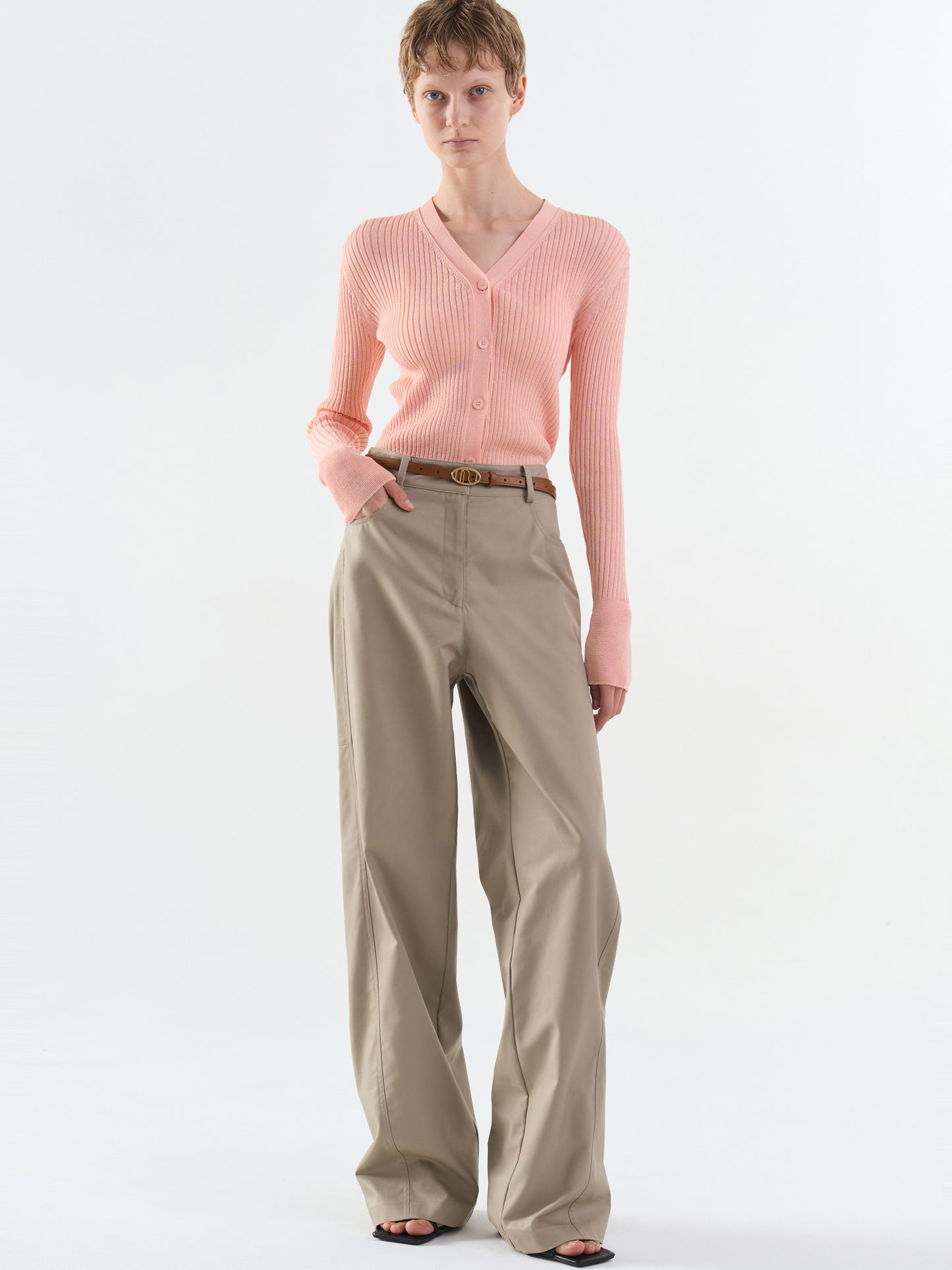 Rib V-Neck Cardigan - Pink