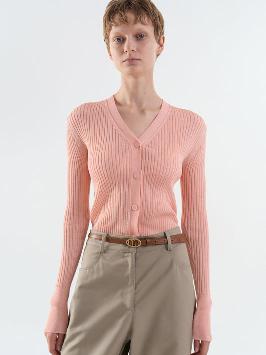 Rib V-Neck Cardigan - Pink