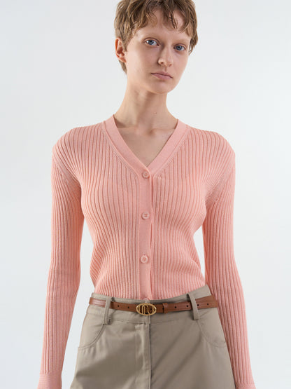 [MAGJAY] Rib V-Neck Cardigan-Pink
