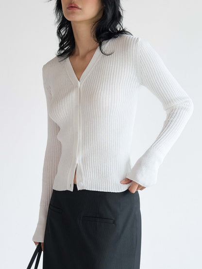 [MAGJAY] Rib V-Neck Cardigan-Ivory