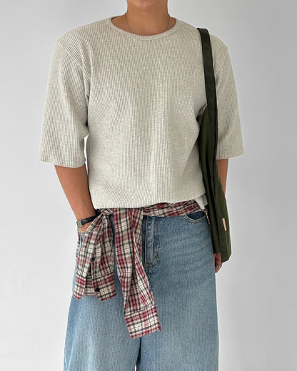 Ribbed Half-Sleeve Knit Tee