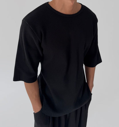 Ribbed Half-Sleeve Knit Tee