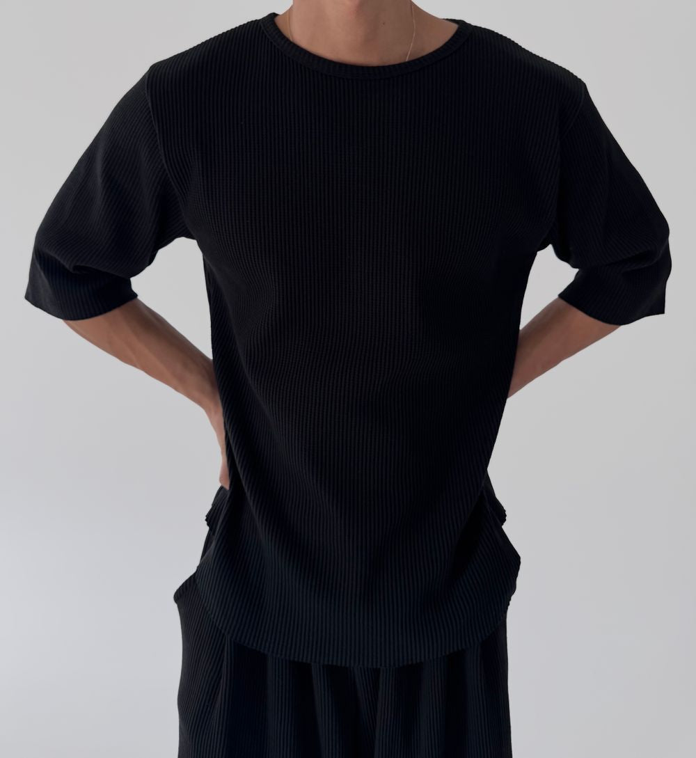 Ribbed Half-Sleeve Knit Tee