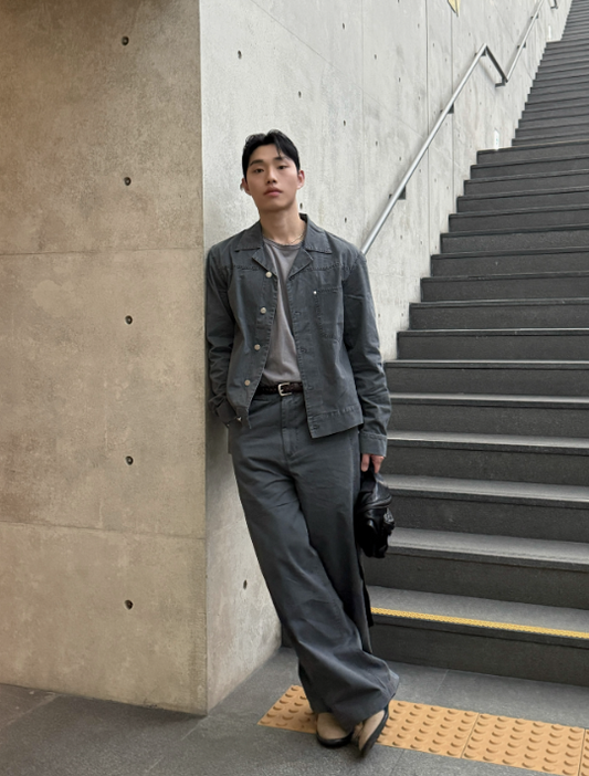 WooStore 韓国通販 メンズ ピグメントデニムセットアップ メンズ チャコール 全身着用