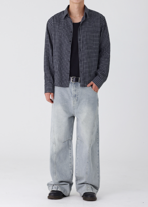 Curve Panel Wide Baggy Denim Pants (2 Colors)