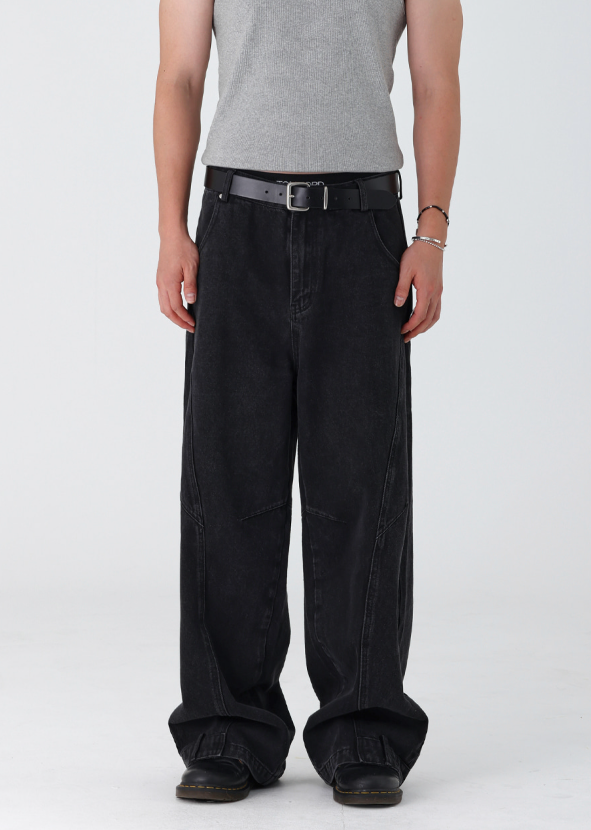 Curve Panel Wide Baggy Denim Pants (2 Colors)