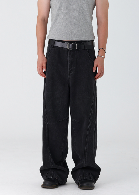 Curve Panel Wide Baggy Denim Pants (2 Colors)