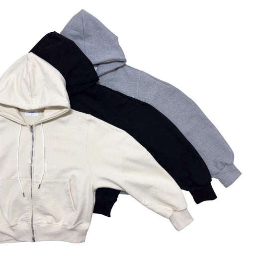 Heavy Cropped Curved Hem Zip-Up Hoodie