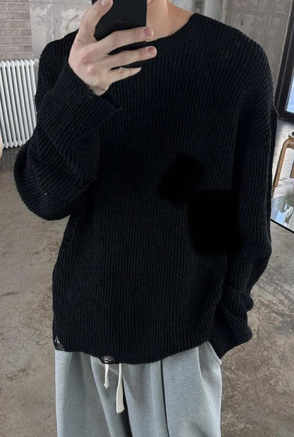 Distressed Loose Knit Sweater - WHITE / LIGHT SKY BLUE / KHAKI / BLACK
