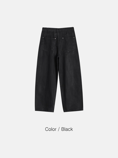 Wide Fit Waxed Denim Pants - BLACK