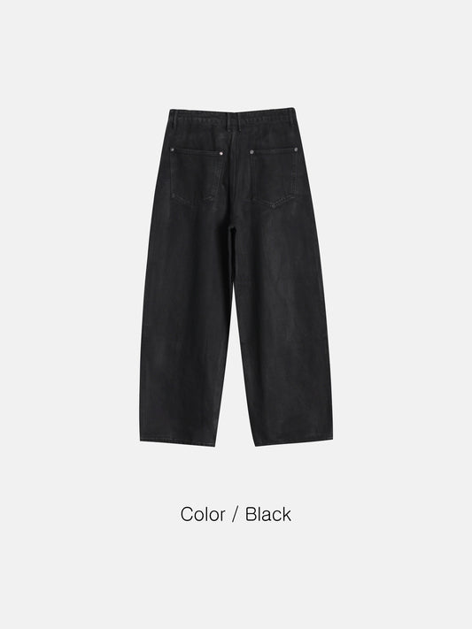 Wide Fit Waxed Denim Pants - BLACK