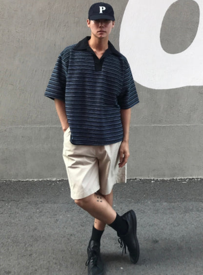 Border Open Collar Knit Shirt