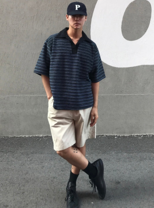 Border Open Collar Knit Shirt