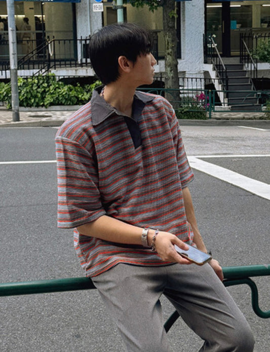 Border Open Collar Knit Shirt