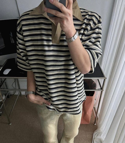 Border Open Collar Knit Shirt