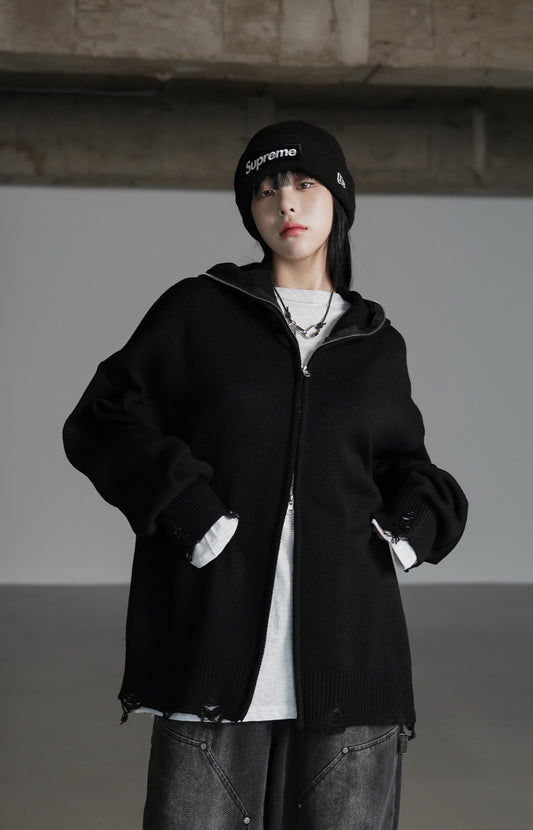 Distressed Knit Zip-Up Hoodie