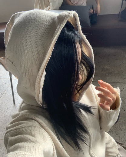 Distressed Knit Zip-Up Hoodie