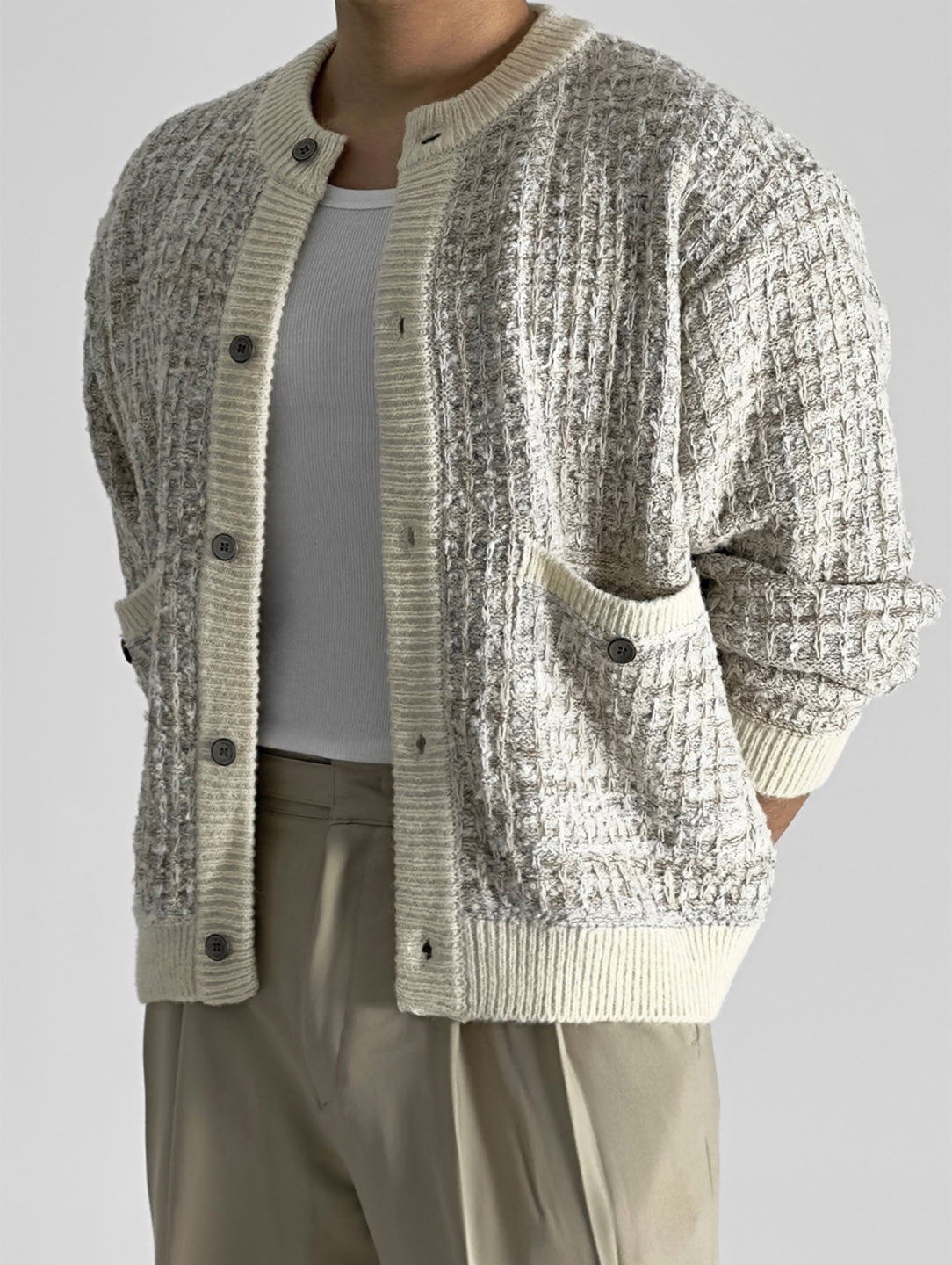 Tweed-Texture Bomber Cardigan
