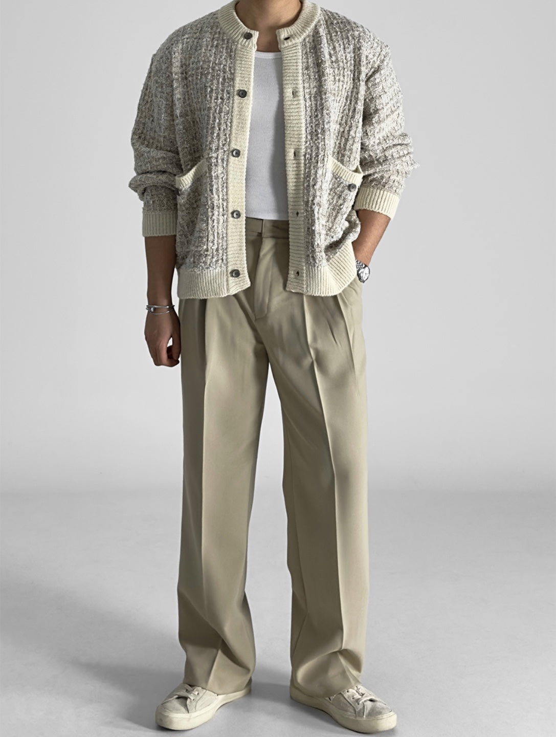 Tweed-Texture Bomber Cardigan