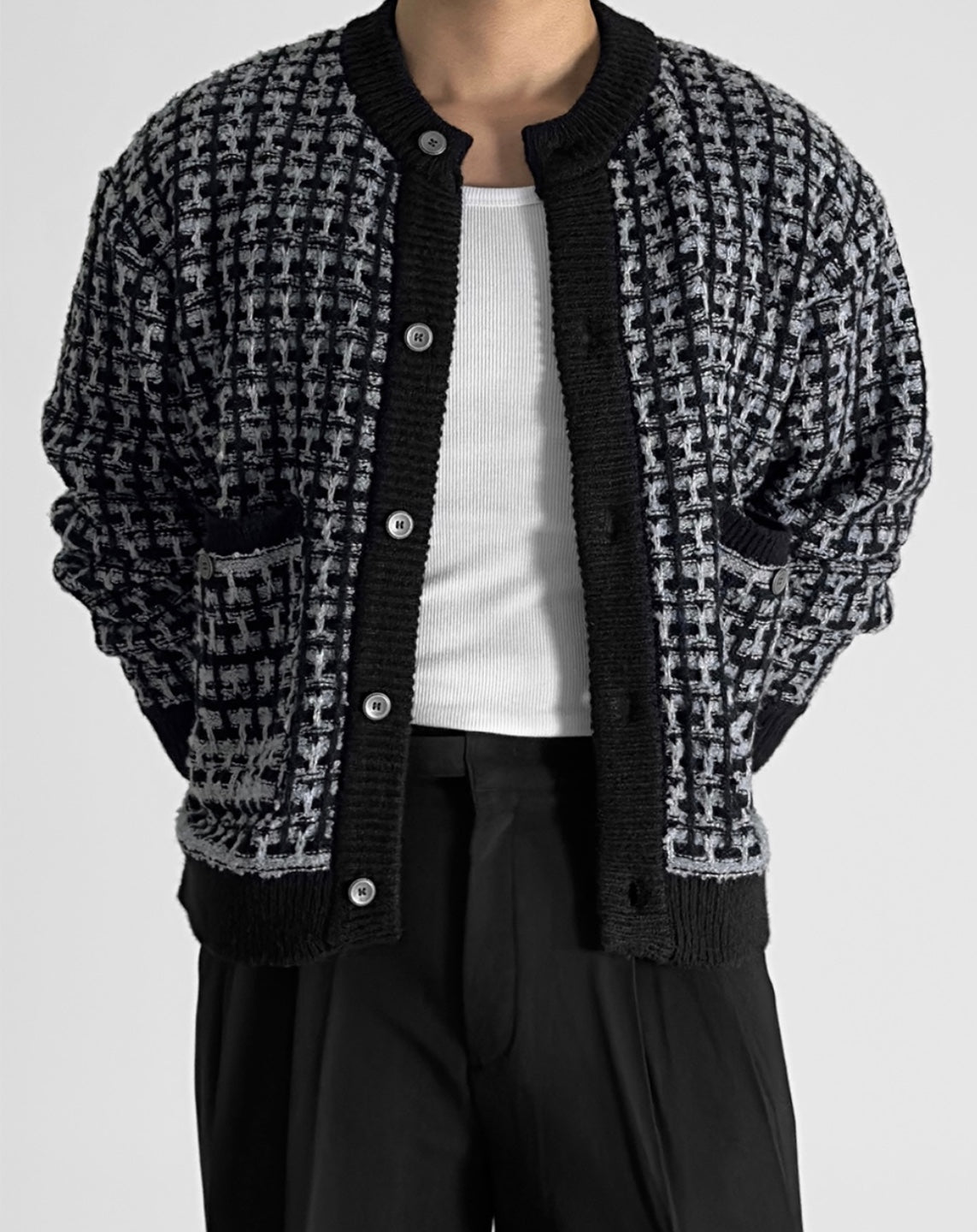 Tweed-Texture Bomber Cardigan