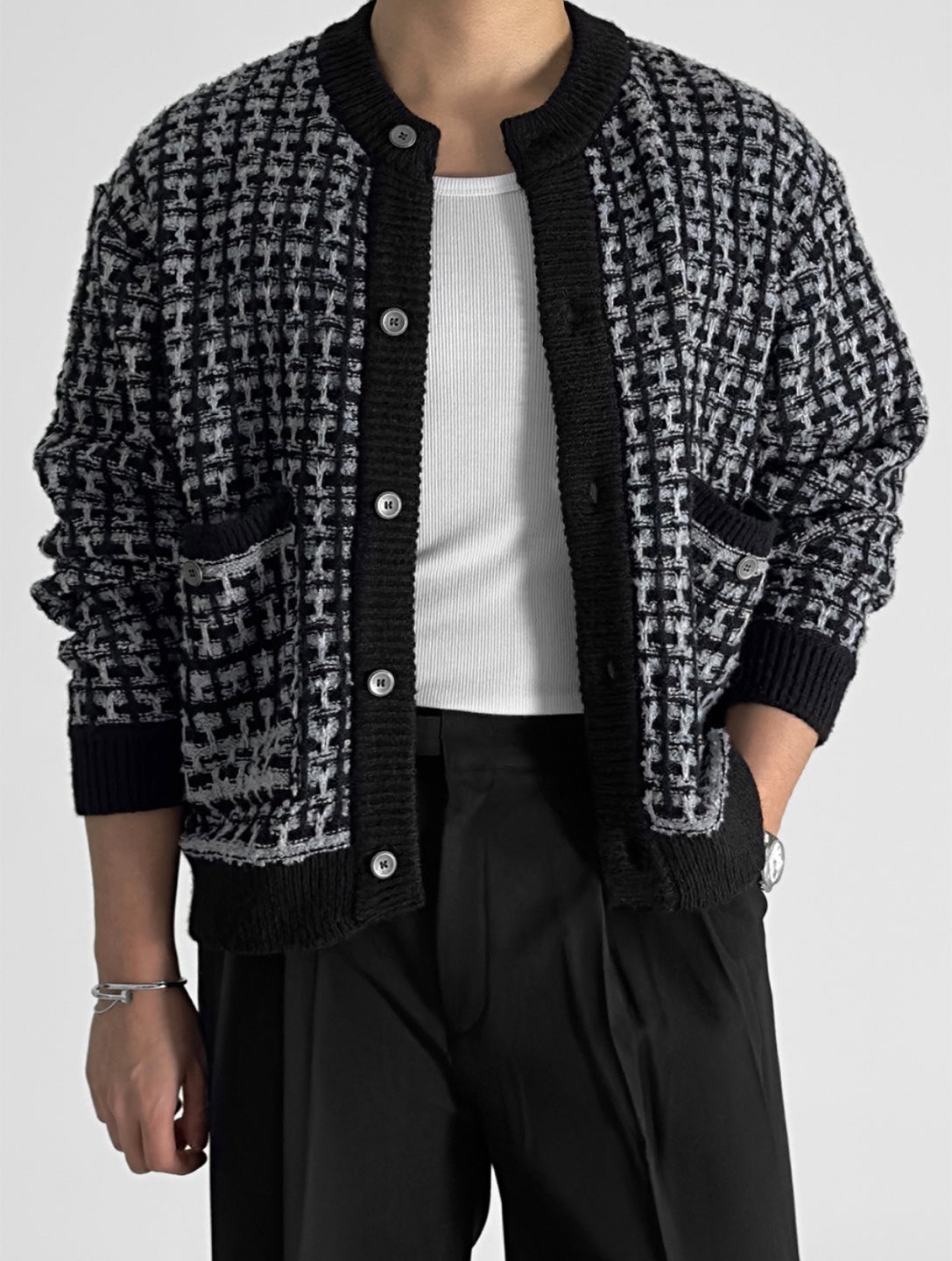 Tweed-Texture Bomber Cardigan