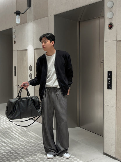 Pinstripe Drawstring Wide-Leg Pants