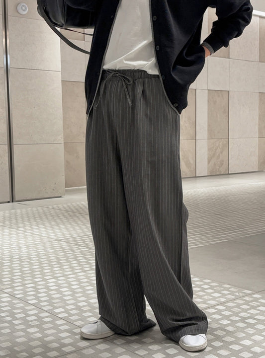Pinstripe Drawstring Wide-Leg Pants