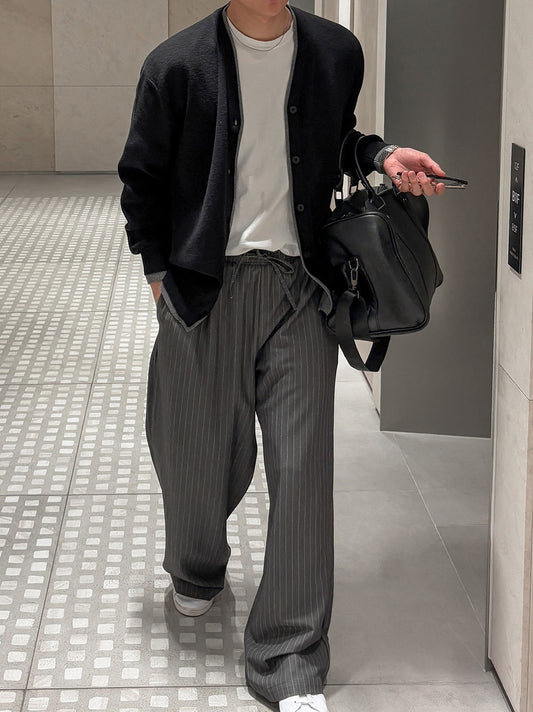 Pinstripe Drawstring Wide-Leg Pants