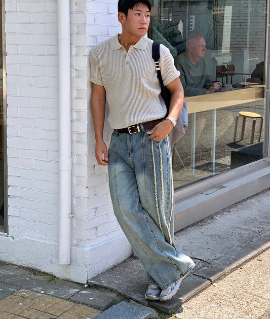 Frayed Twin-Line Wide Denim