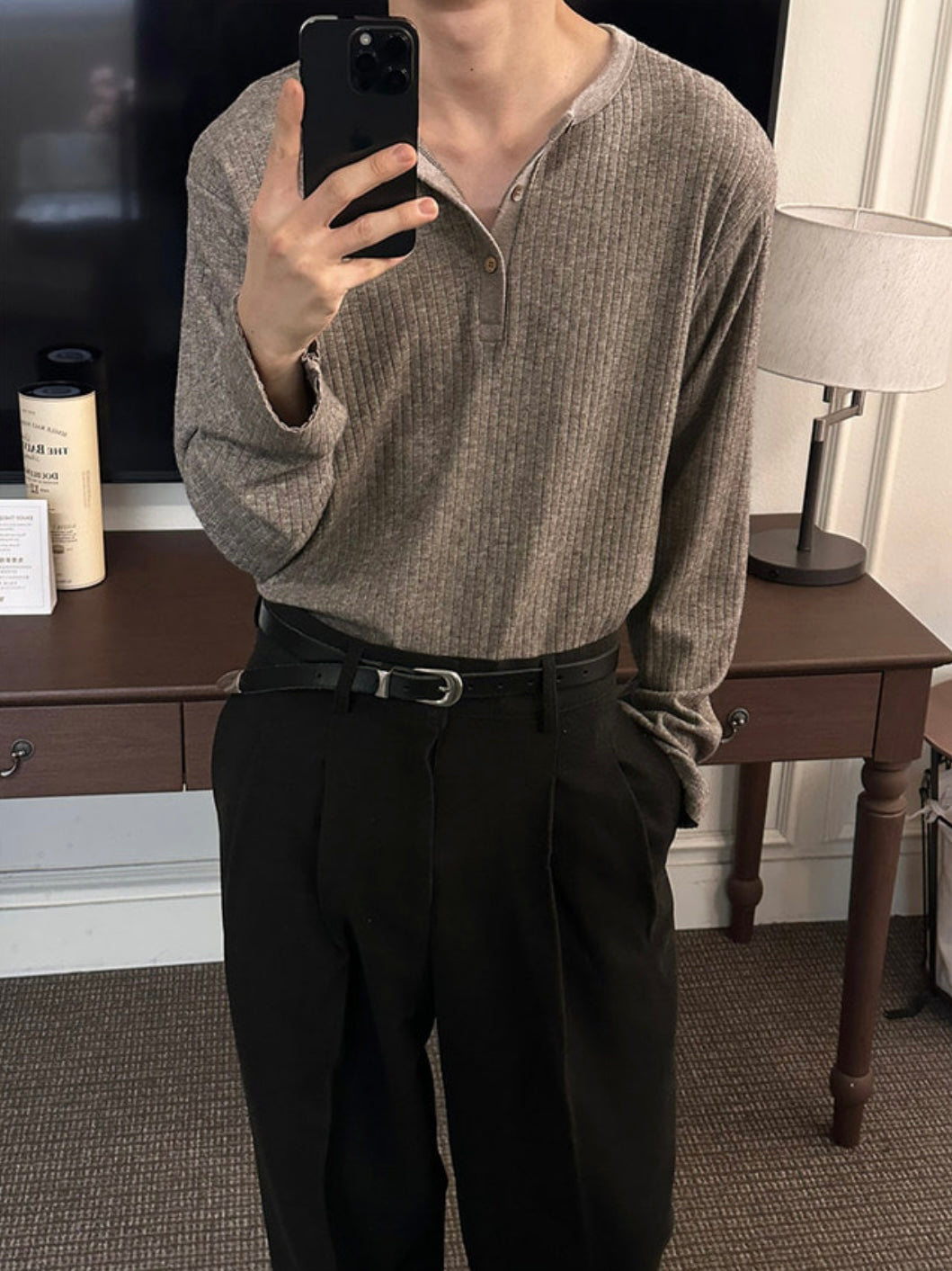 Viscose Rib Henley Long Sleeve