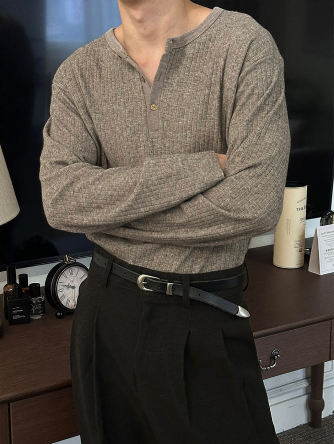 Viscose Rib Henley Long Sleeve