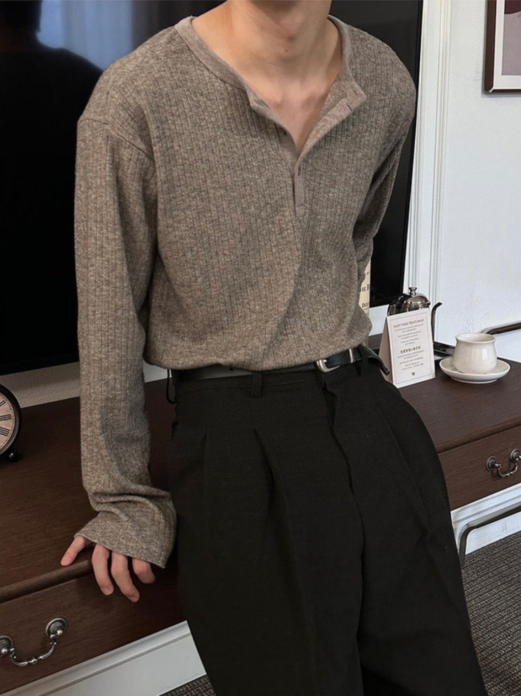 Viscose Rib Henley Long Sleeve