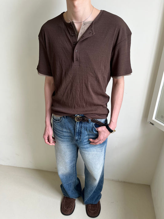 Linen Knit Henley Neck Half Tee
