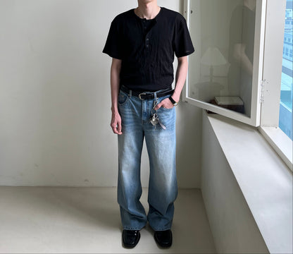 Linen Knit Henley Neck Half Tee