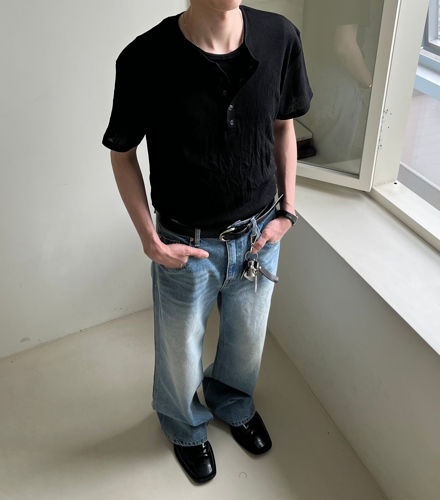 Linen Knit Henley Neck Half Tee