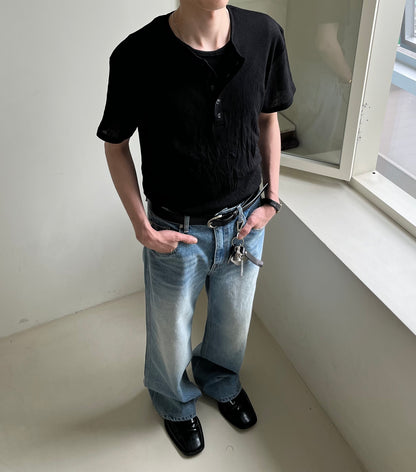 Linen Knit Henley Neck Half Tee