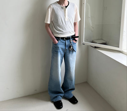 Linen Knit Henley Neck Half Tee