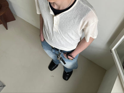 Linen Knit Henley Neck Half Tee