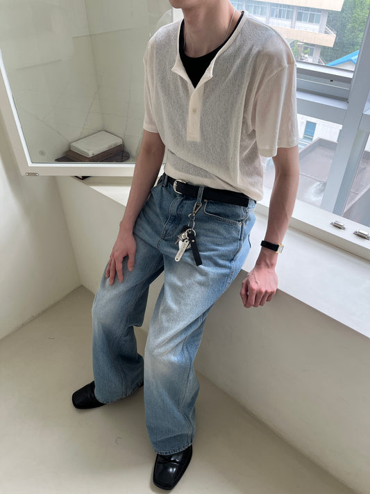 Linen Knit Henley Neck Half Tee