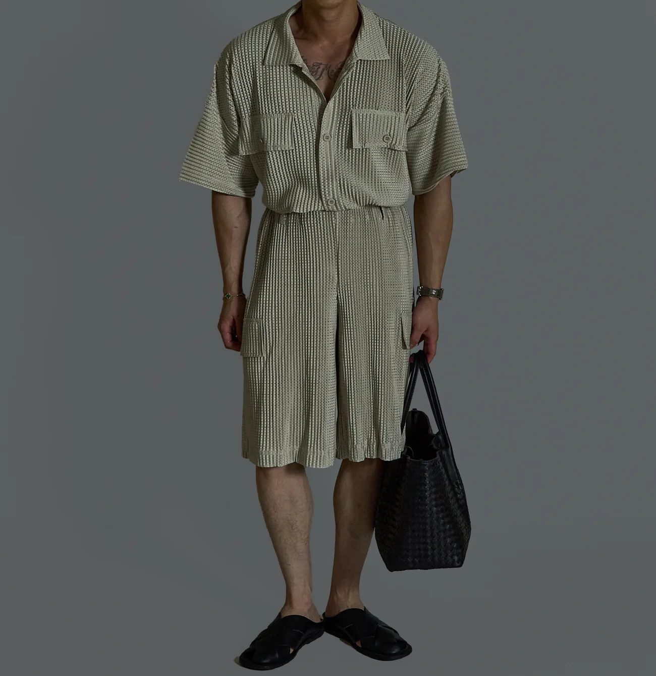 Mesh Pleats Half Pants