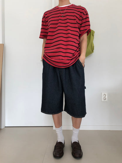 Ribbed Linen Bermuda Denim Shorts