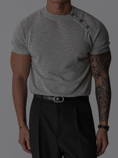 Shoulder Button Rib Knit T-Shirt