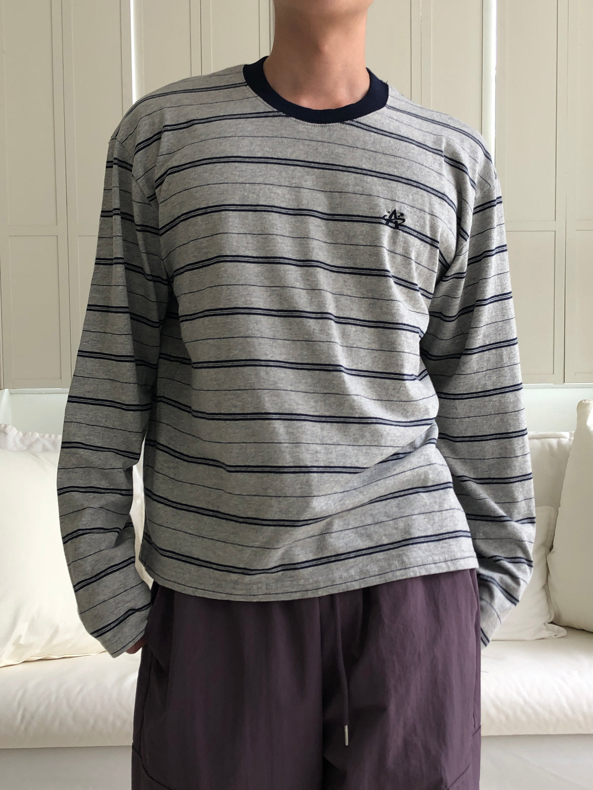 Embroidered Logo Stripe Ringer Long Sleeve Tee