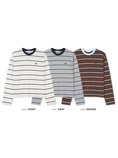 Embroidered Logo Stripe Ringer Long Sleeve Tee