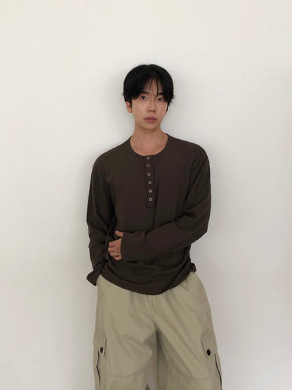 Slub Henley Neck Long Sleeve Tee
