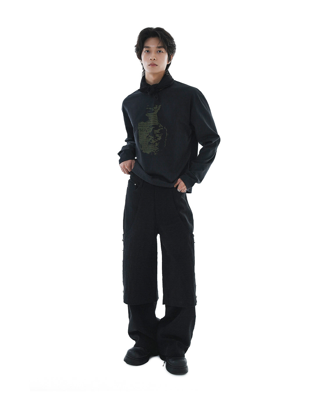 Flare Variant Layered Wide Cotton Pants_Black