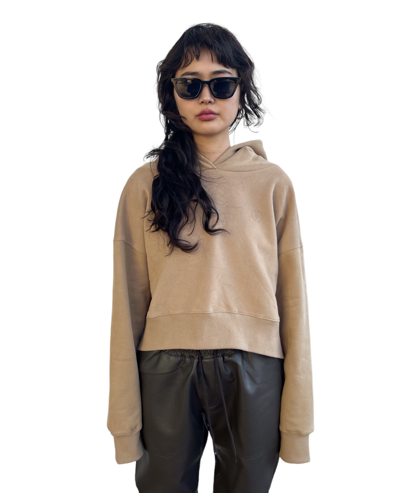 Emboss Cropped Hoodie-BEIGE