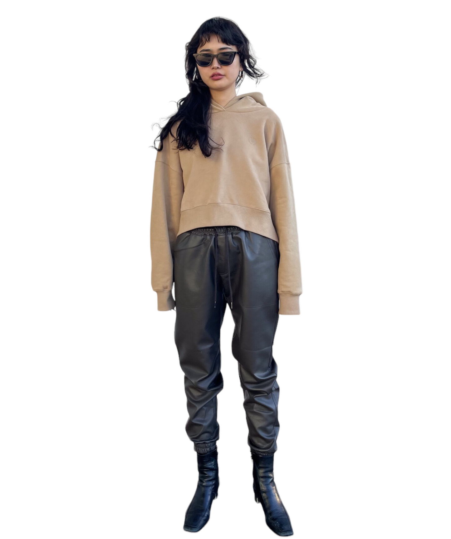 Emboss Cropped Hoodie-BEIGE