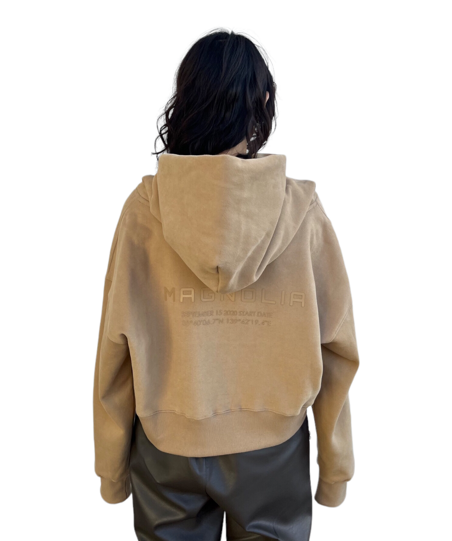 Emboss Cropped Hoodie-BEIGE 